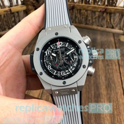 Copy Hublot Big Bang Unico Perpetual Black Dial Grey Rubber Strap Watch